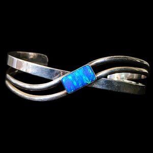 Vintage Sterling Silver 925 Blue Fire Opal Modernist Cuff 18.4g